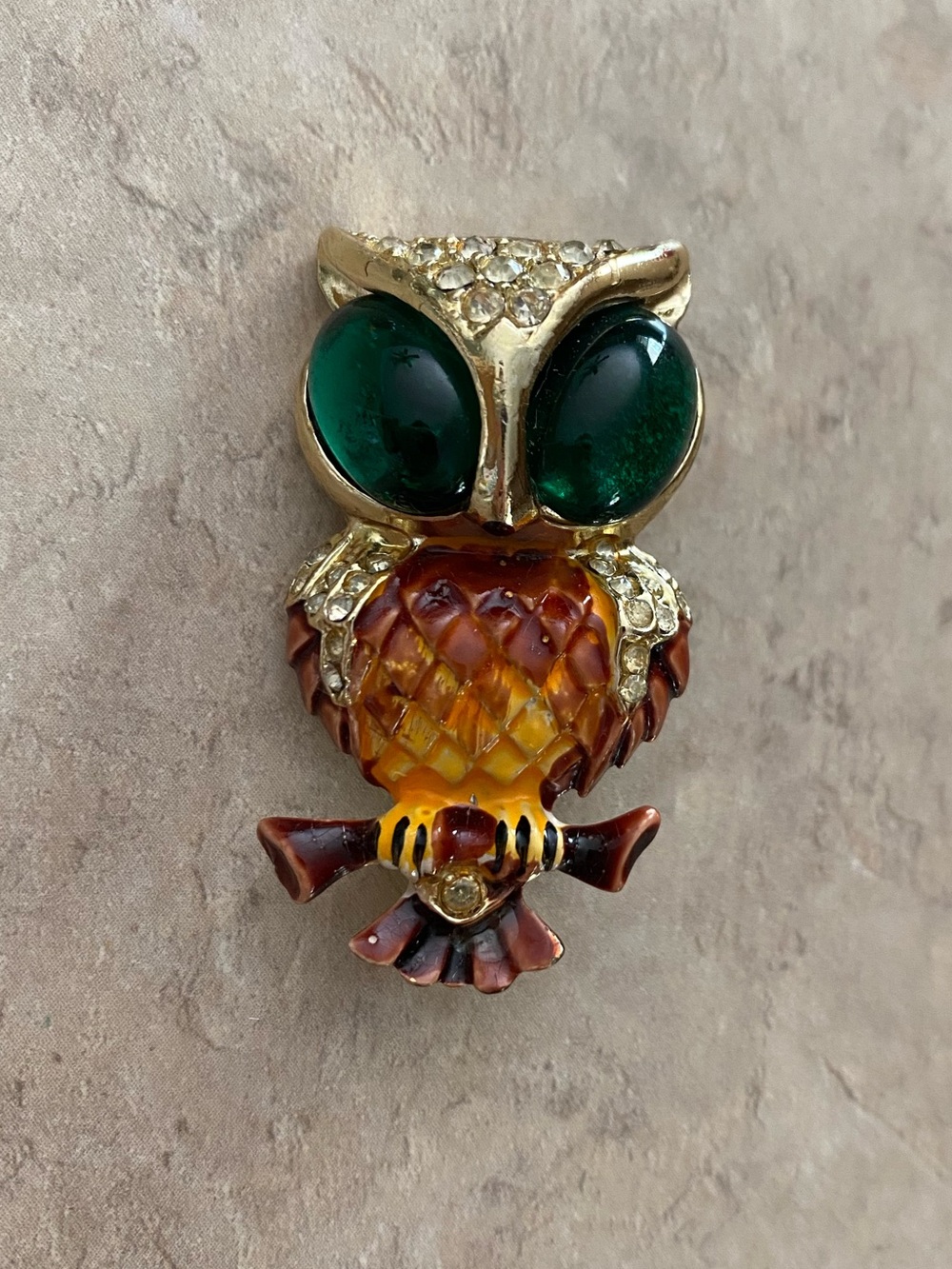 Vintage Green Eyed Owl Pin Brooch